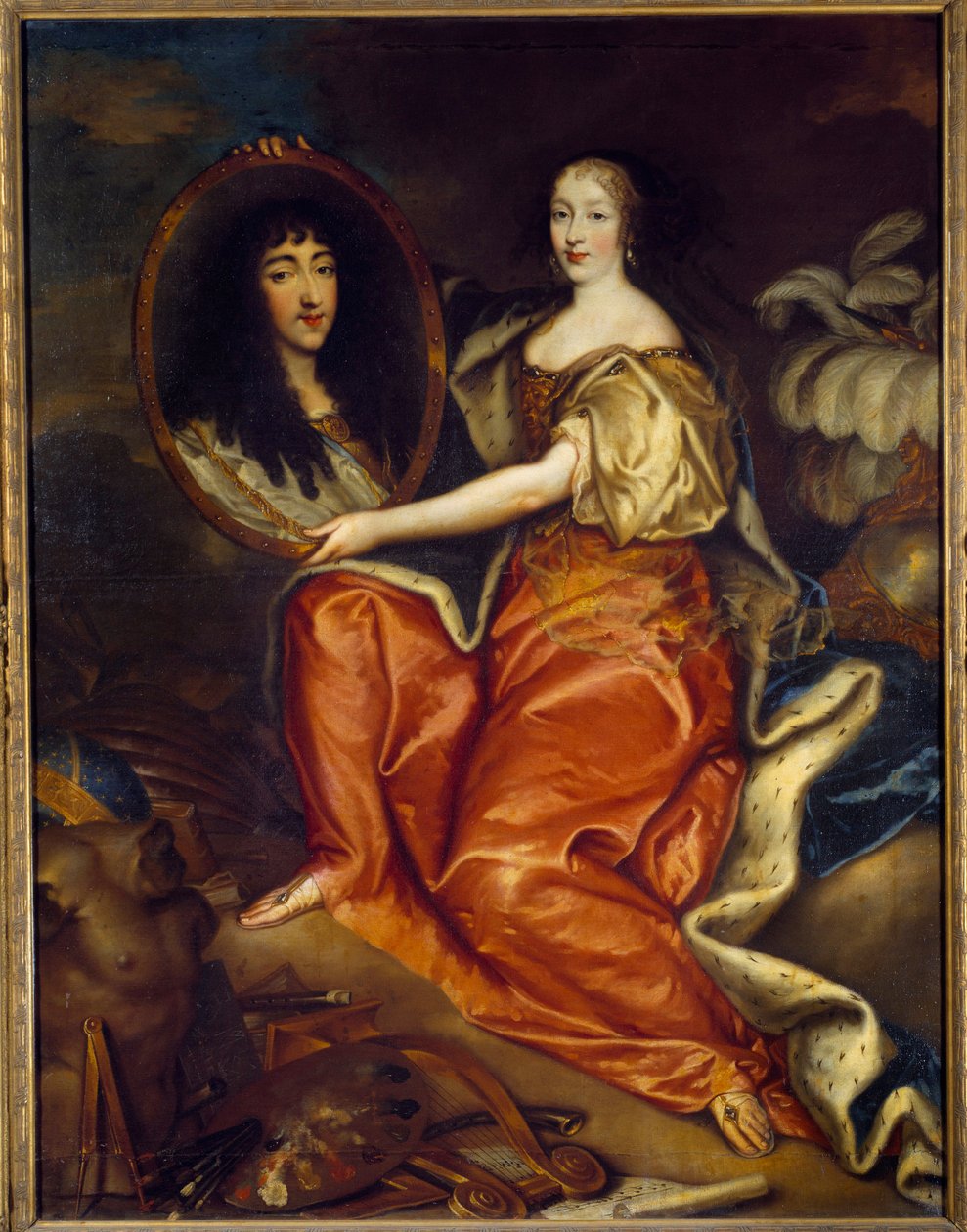 Portrett av Henriette Anne (Henriette-Anne) av England (1644-1670) Hertuginne av Orleans som holder portrett av Philippe Duc av Orleans (1640-1701) dit Monsieur. Dobbeltportrett: Abyme-maleri i et maleri. Maleri av Antoine Mathieu (1631-1673) 1664 Søn. av Antoine Mathieu