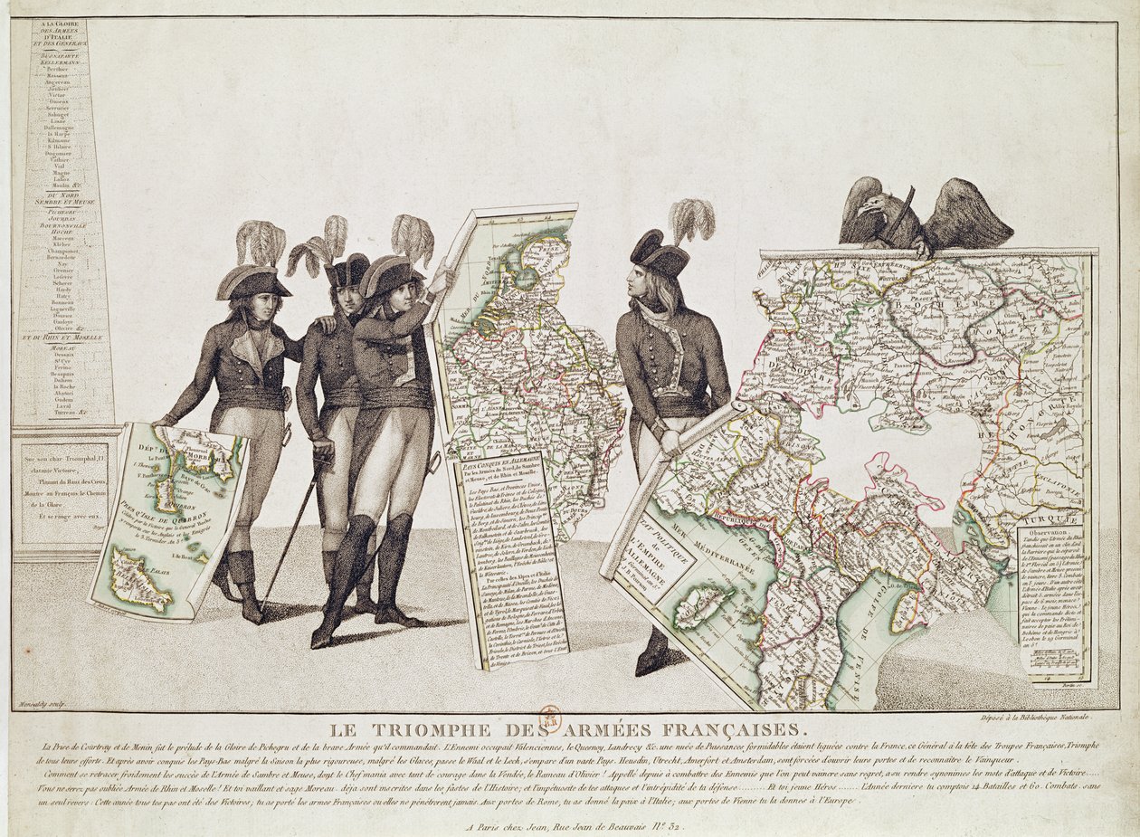 De franske hærenes triumf, Napoleon og hans generaler holder kart over deres seire på tidspunktet for freden i Loeben, 18. april 1797, ca. 1797 av Antoine Maxime Monsaldy