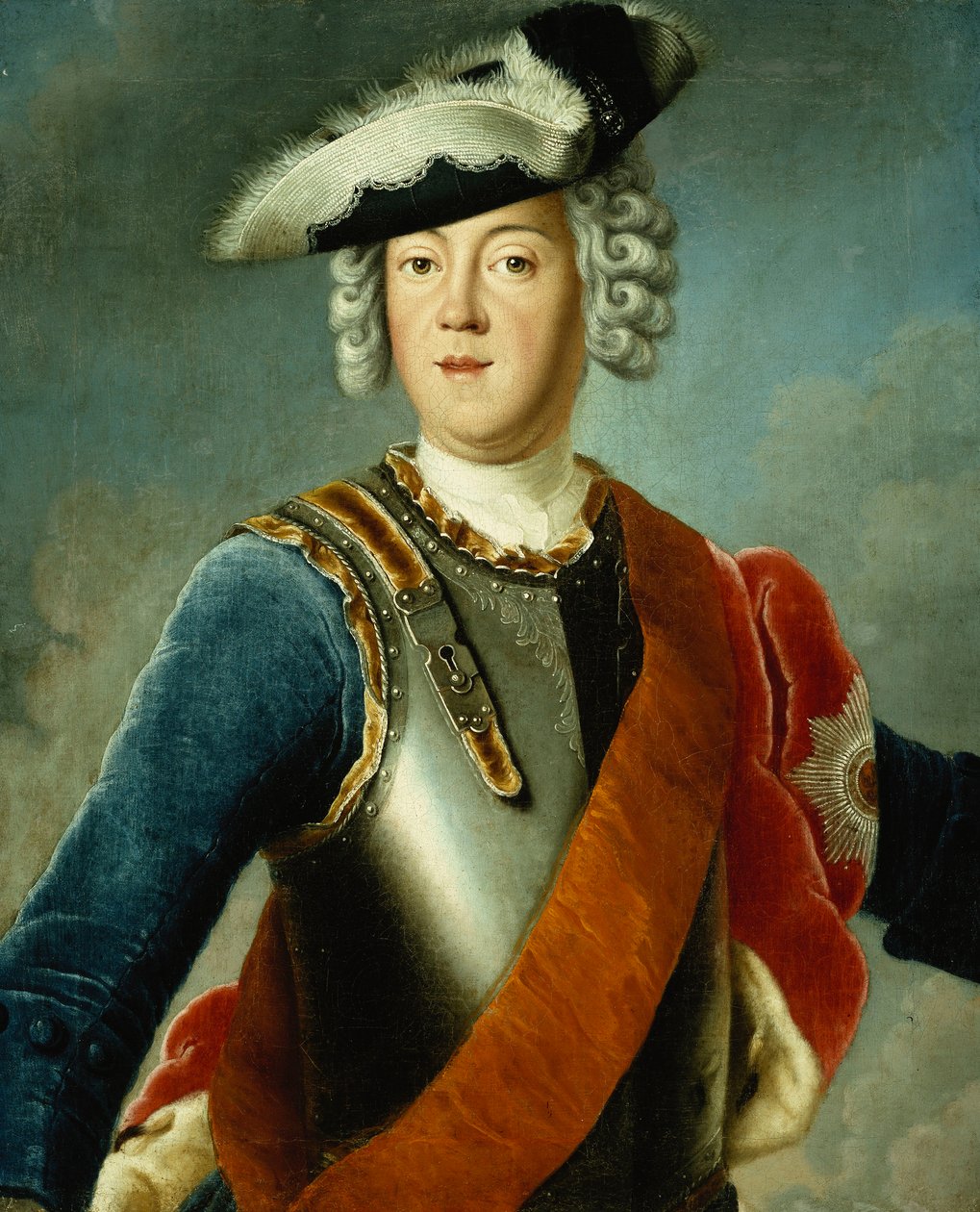 Portrett av en gentleman, sies å være August William, halv lengde, iført en blå jakke, hvit skjorte og panserbrystplate av Antoine Pesne