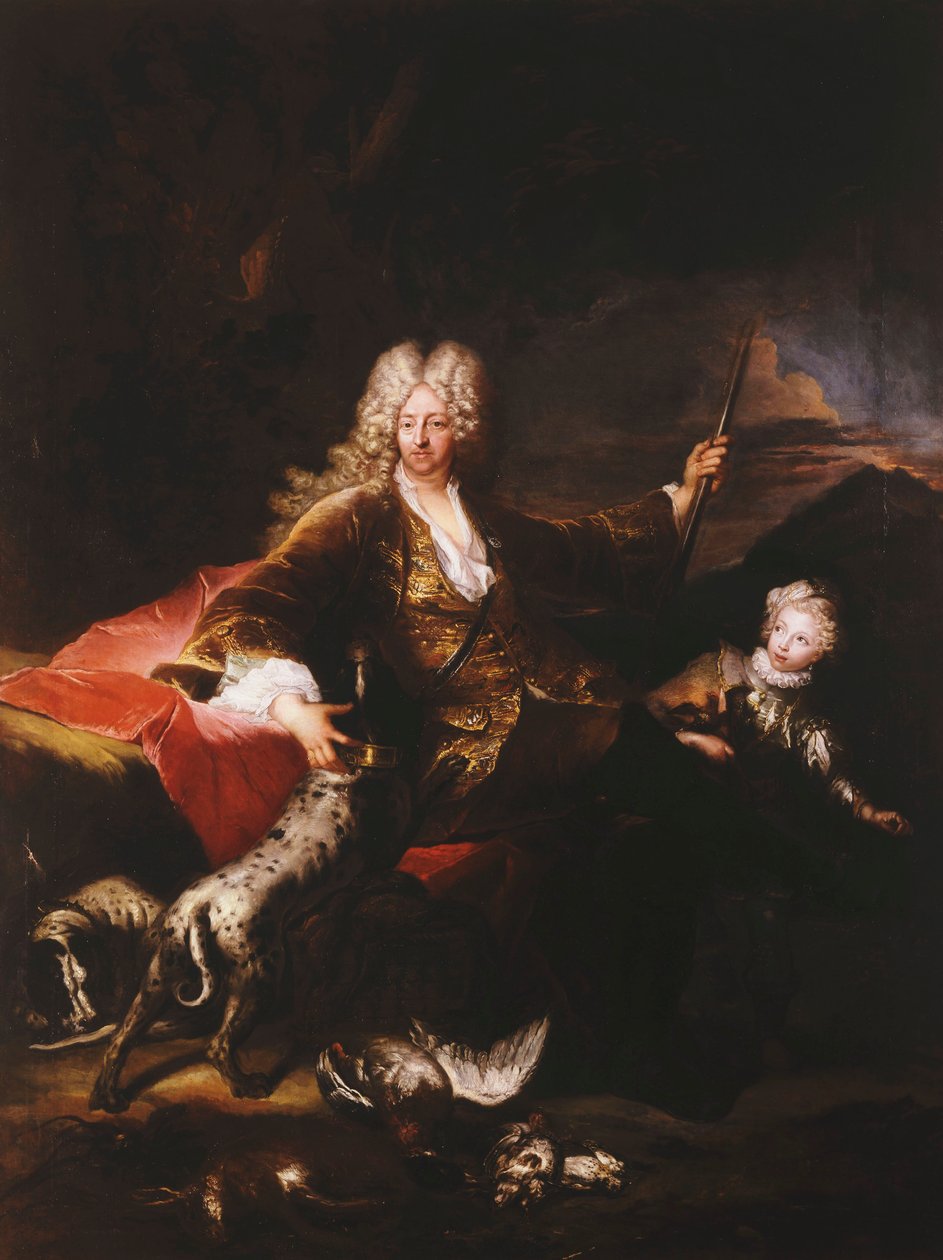 Portrett av Marchese Paolo Corbelli, full lengde, sittende på en bank ved kanten av en skog, 1709 av Antoine Pesne