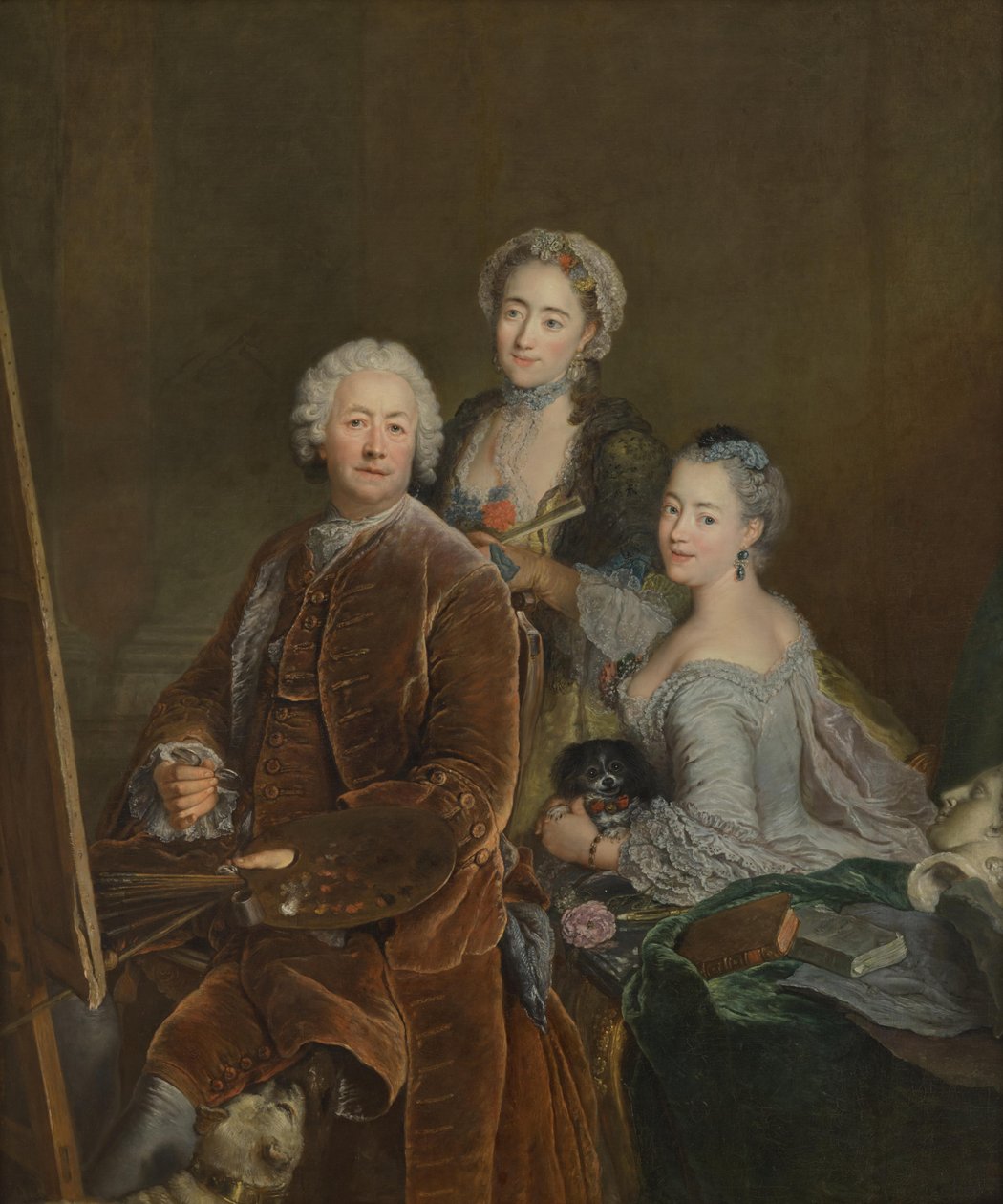 Selvportrett foran staffeliet med døtrene Henriette Joyard og Marie de Rège av Antoine Pesne