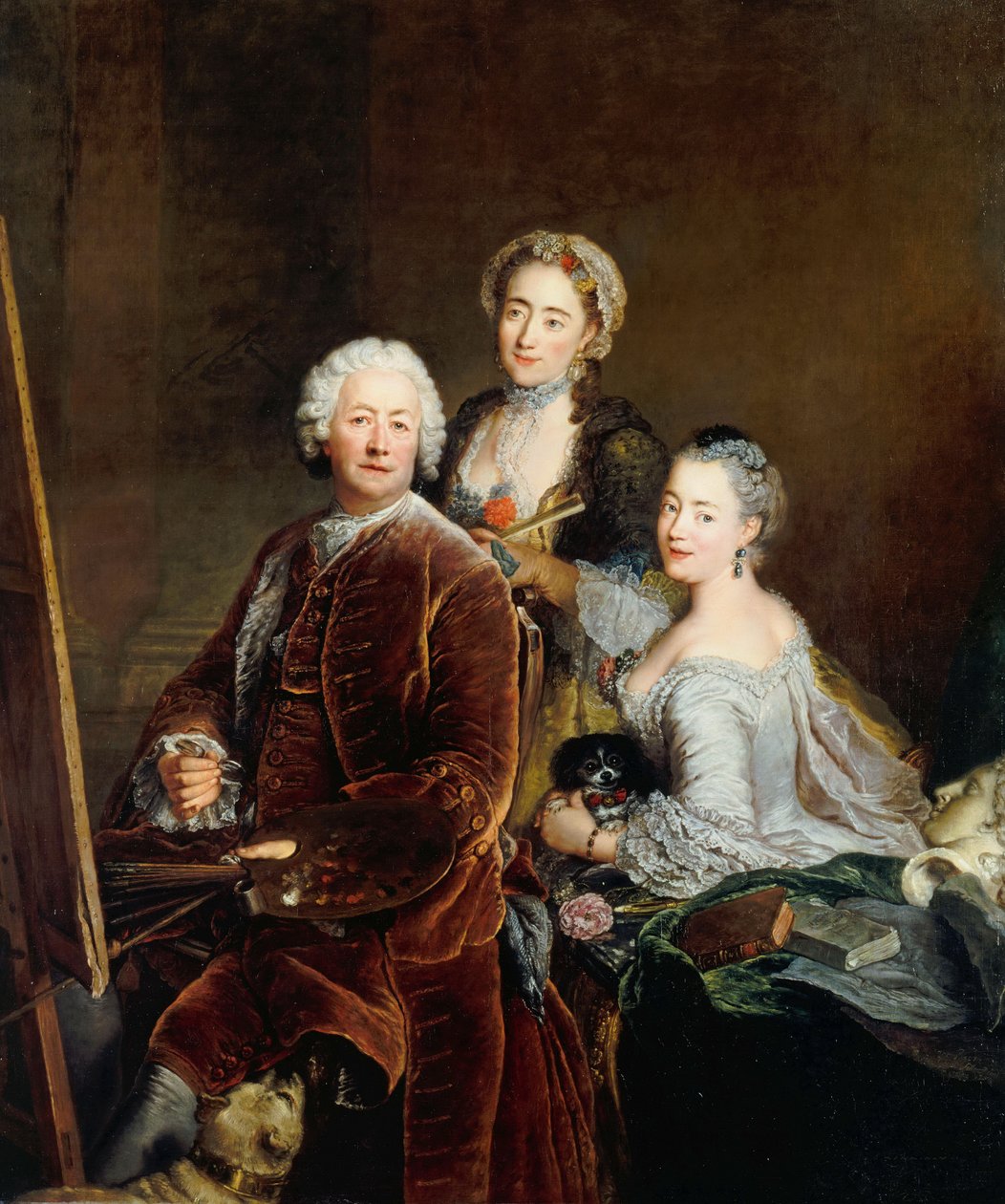 Selvportrett med døtrene Henriette Royard og Marie de Rège foran staffeliet av Antoine Pesne