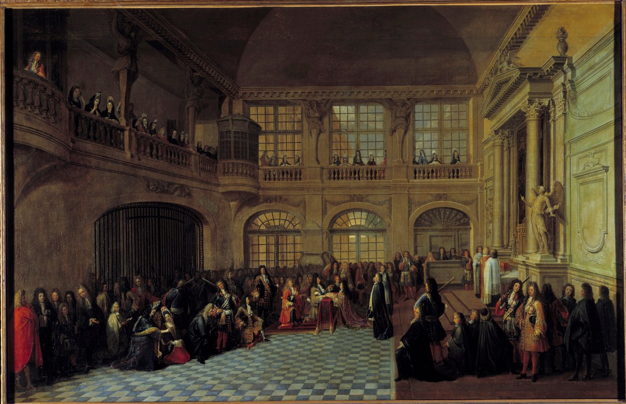 Kong Ludvig XIV mottok eden til Marquis de Dangeau, stormester for de gjenforente ordenene til Notre Dame du Mont Carmel og Saint Lazarus, i kapellet til slottet i Versailles, 18.12.1695. Philippe de Courcillon, Marquis de Dangeau (1638-172 av Antoine Pezey