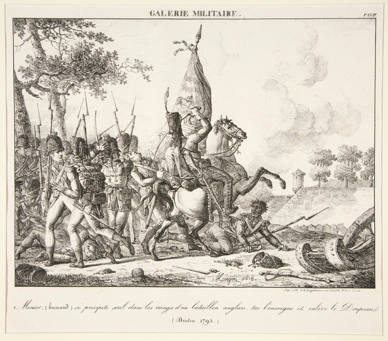 Menier (Hussar) kaster seg alene inn i linjen til en engelsk bataljon, dreper fenriken og fanger flagget (Druten, 1795) av Antoine Pierre Mongin