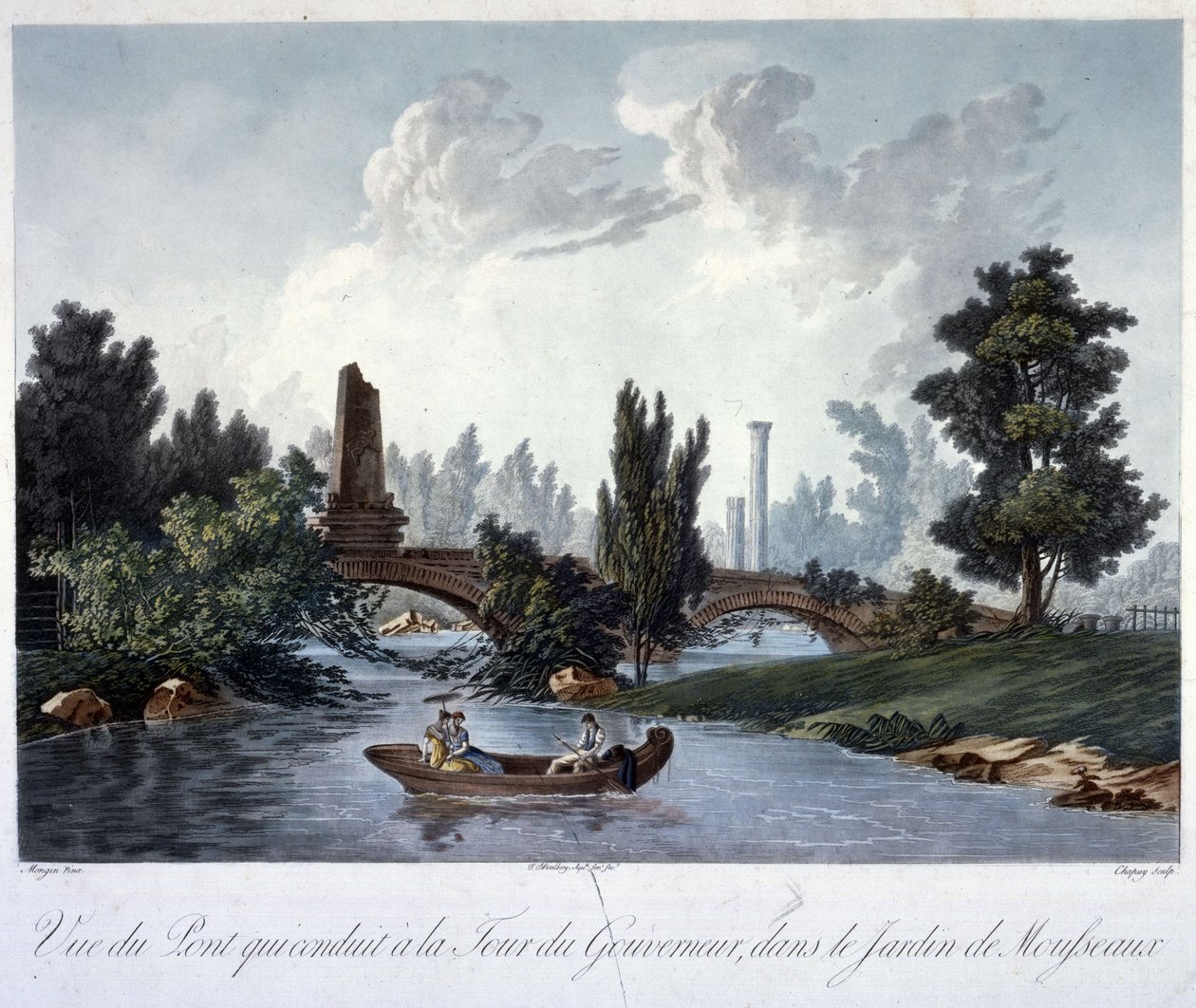 Bro til Tour du Gouverneur i Parc Monceau, gravert av Chapuy (akvatint) av Antoine Pierre after Mongin