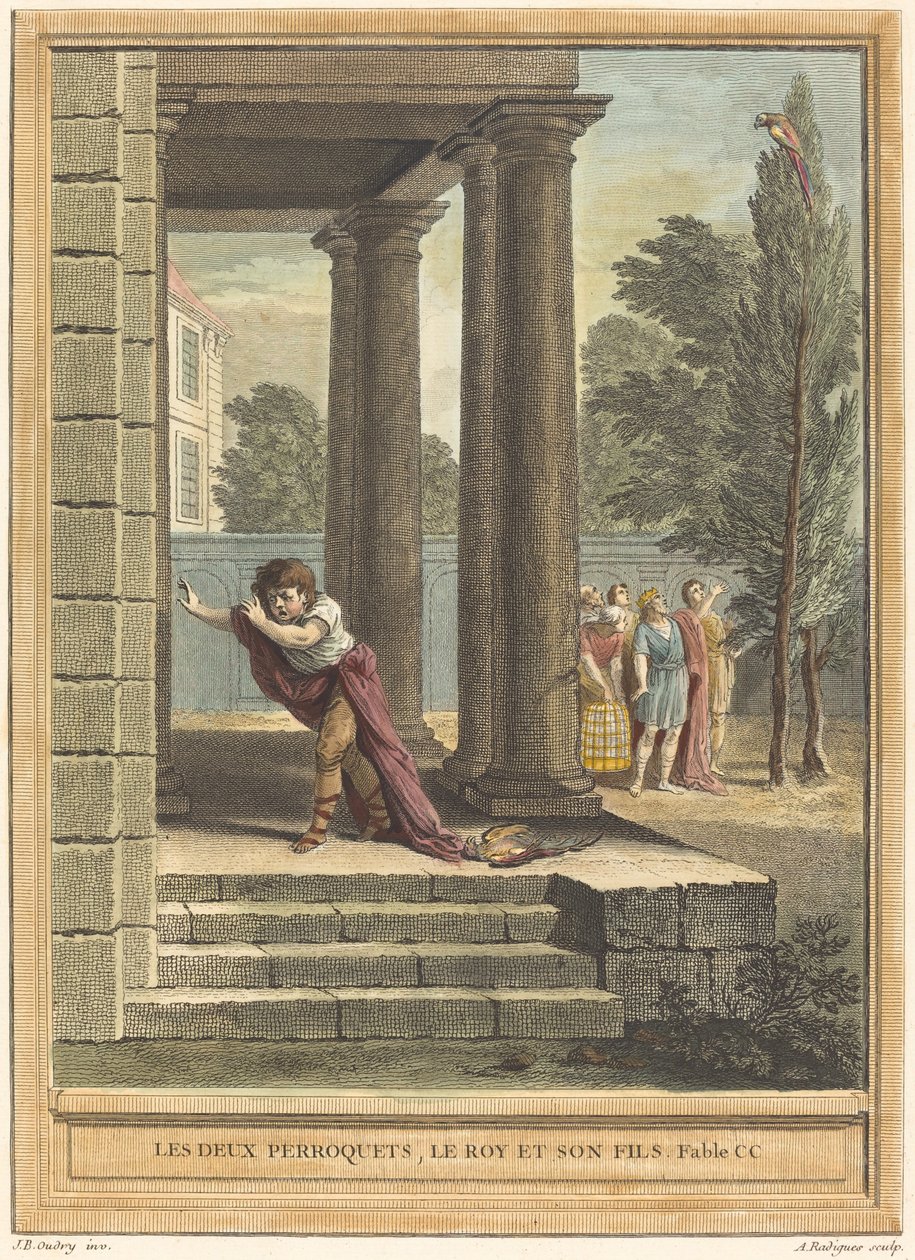 To papegøyer, kongen og hans sønn av Antoine Radigues after Jean Baptiste Oudry