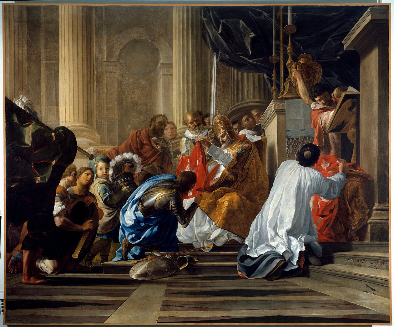 Første korstog: "" Raymond IV av Toulouse, dit Raymond de Saint Gilles, greve av Toulouse og Tripoli (Raymond I) (1042-1105) tar korset"" Maleri av Antoine Rivalz (1667-1735) Toulouse. Musée des Augustins av Antoine Rivalz