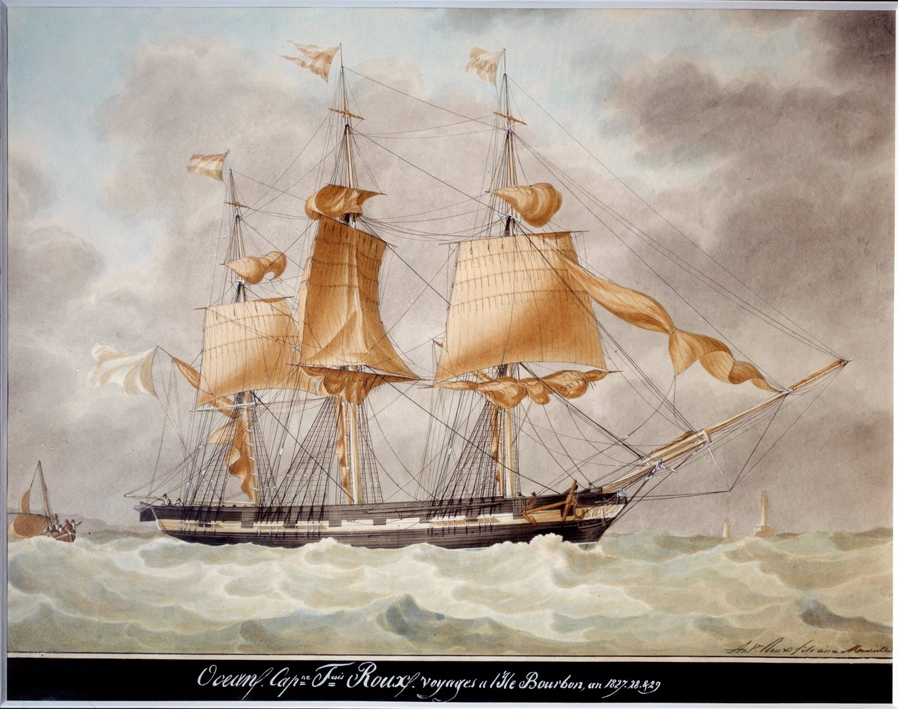 The Ocean Trois Mats Carres, Voyage to Bourbon Island Watercolor av Antoine Roux (1765-1835) 1827-1829 Marseille, Marine Museum av Antoine Roux