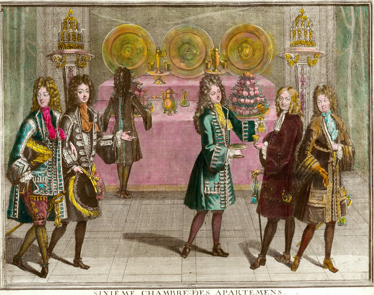 Buffet står for snacks i det sjette soverommet i leilighetene til familien til Louis XIV (1638-1715) om kveldene i leiligheten i Versailles rundt 1696 Gravering av Antoine Trouvain (1656-1708) 1696 ca. Privat samling av Antoine Trouvain
