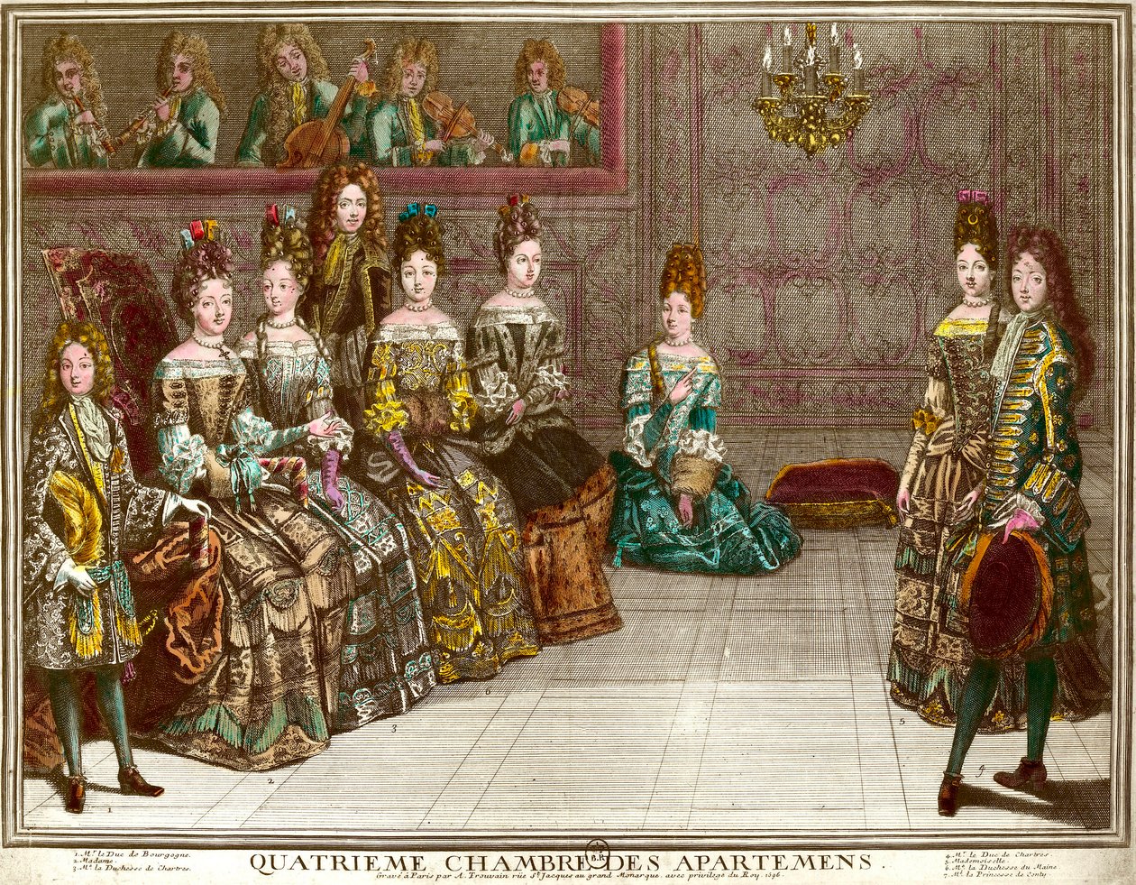 Dans i det fjerde soverommet i leilighetene til familien til Louis XIV (1638-1715) om kveldene i leiligheten i Versailles rundt 1696: hertugen av Chartres danser menyen med Mademoiselle i nærvær av hertuginnen av Maine, hertugen av B av Antoine Trouvain