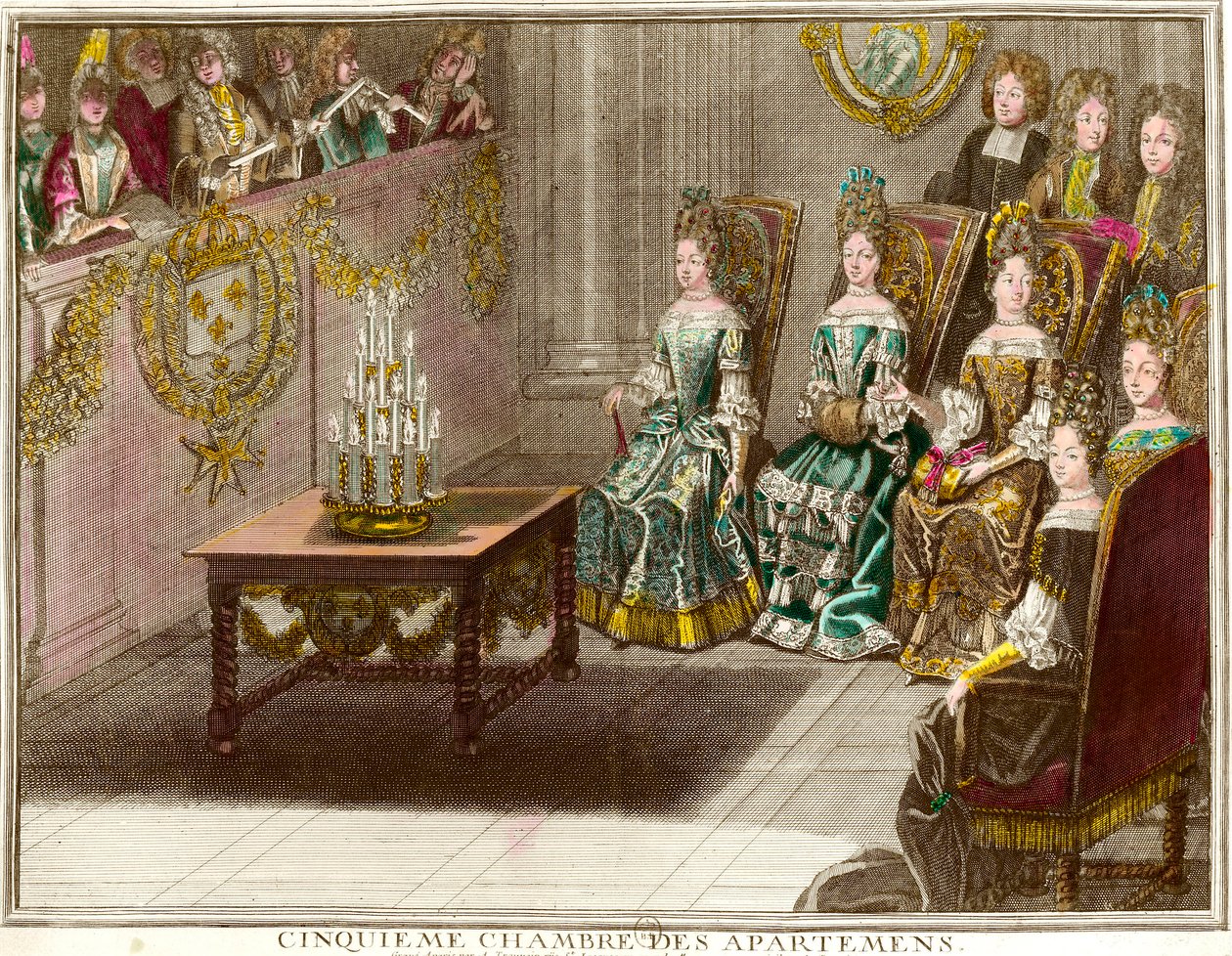 Musikkøkt i det femte soverommet i familieleilighetene til Ludvig XIV (1638-1715) om kveldene i leiligheten i Versailles rundt 1694 Gravering av Antoine Trouvain (1656-1708) 1694 ca. Privat samling av Antoine Trouvain