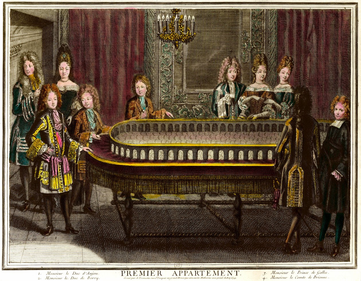 Philippe av Frankrike, hertug av Anjou, daværende konge av Spania (1683-1746), Charles, hertug av Berry (1686-1714) og prins av Wales spiller portiko i den første leiligheten til Louis XIV i Versailles - Gravering av Antoine Trouvain (1656) -1708) Privat s av Antoine Trouvain