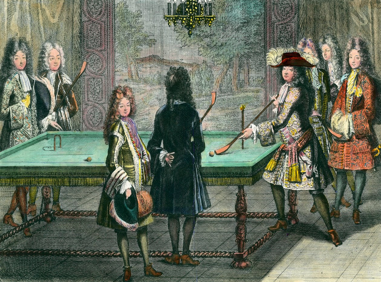 Kongelig fornøyelse i Versailles, kong Louis XIV (1638-1715) som spilte biljard med Philippe Duc d