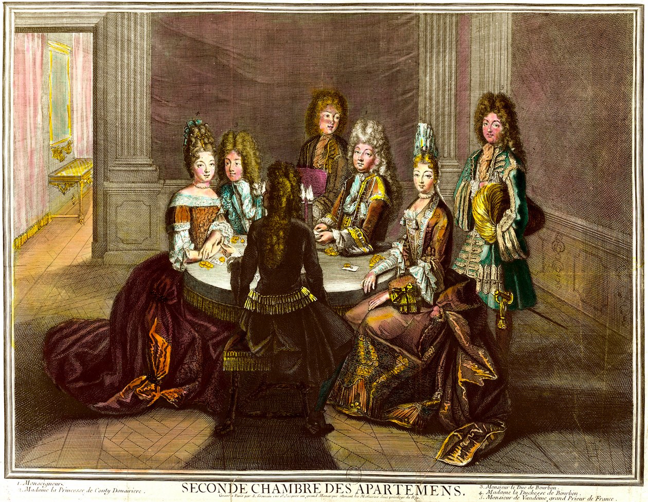 Gårdsplassen spille kort i det andre soverommet i leilighetene til Louis XIV. gravering av Antoine Trouvain (1656-1708) av Antoine Trouvain
