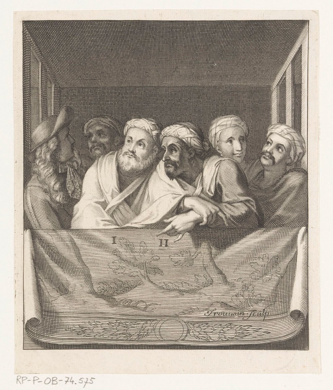 Fem menn med turban og en med hatt i en boks bak en balustrade av Antoine Trouvain