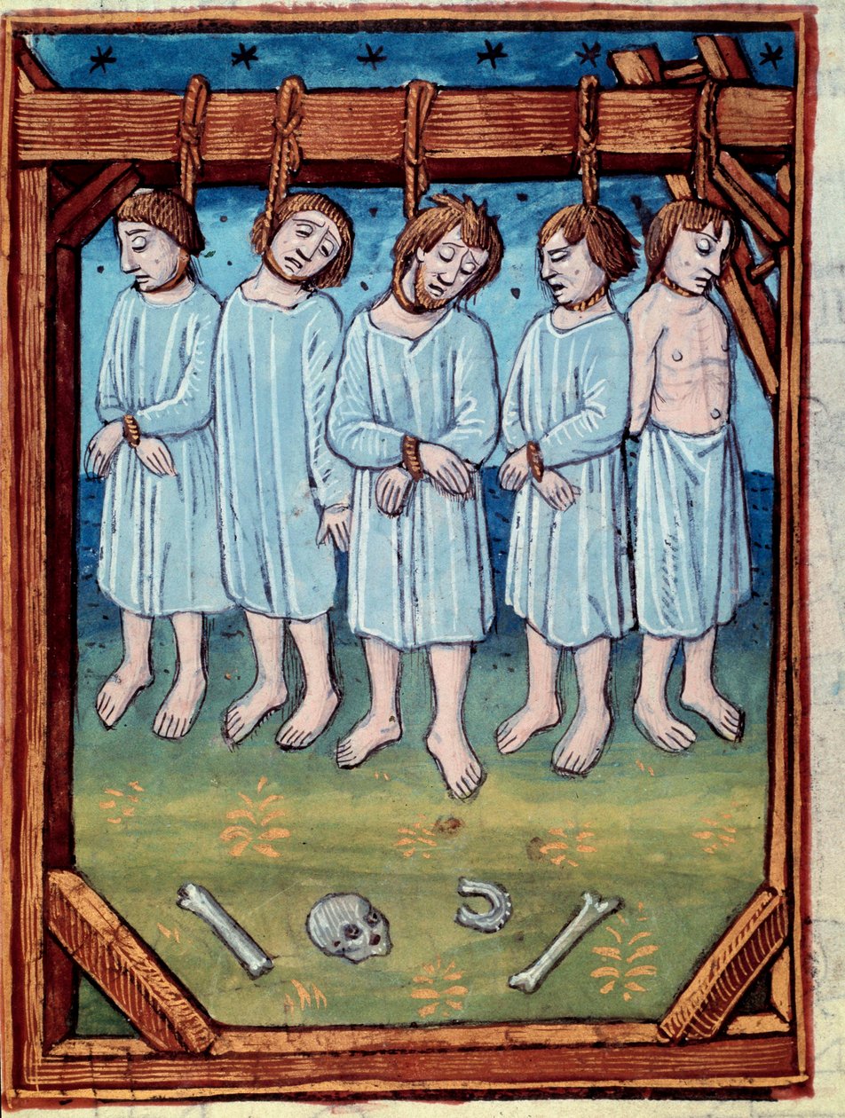 Fem menn hengt. Miniatyr i "" chronicles de Saint Denis" Paris, Antoine Verard av Antoine Verard