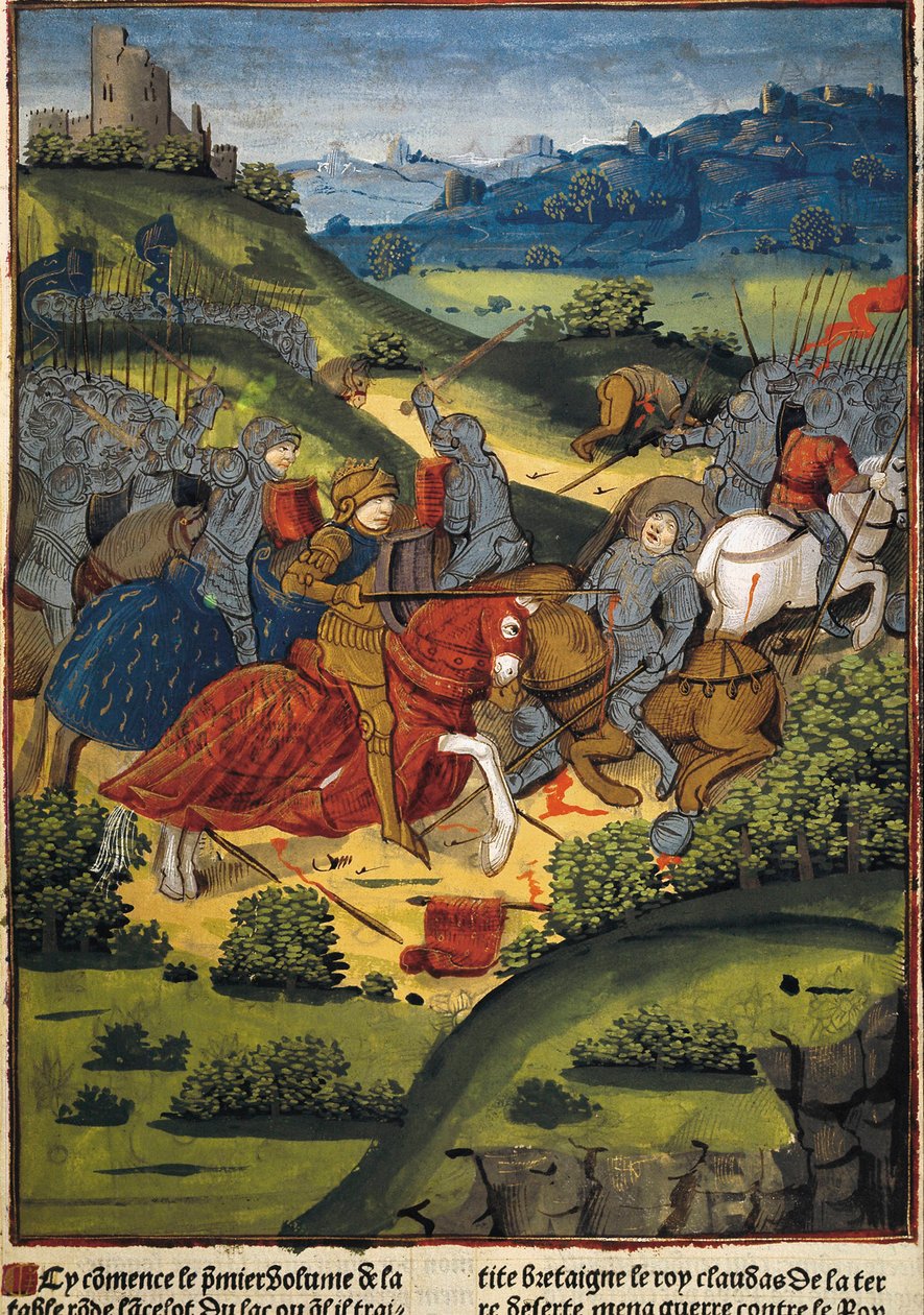 Lancelot i en kamp - VERARD, Antoine (1400-tallet). engelsk forlegger og bokhandler.; LANCELOT (6. årh.). Ridder av kong Arthurs hoff. Lancelot i en kamp. Illustrasjon av "Lancelot du Lac" av Antoine Verard (1494). Gotisk kunst. Miniatyr maleri. FR av Antoine Verard