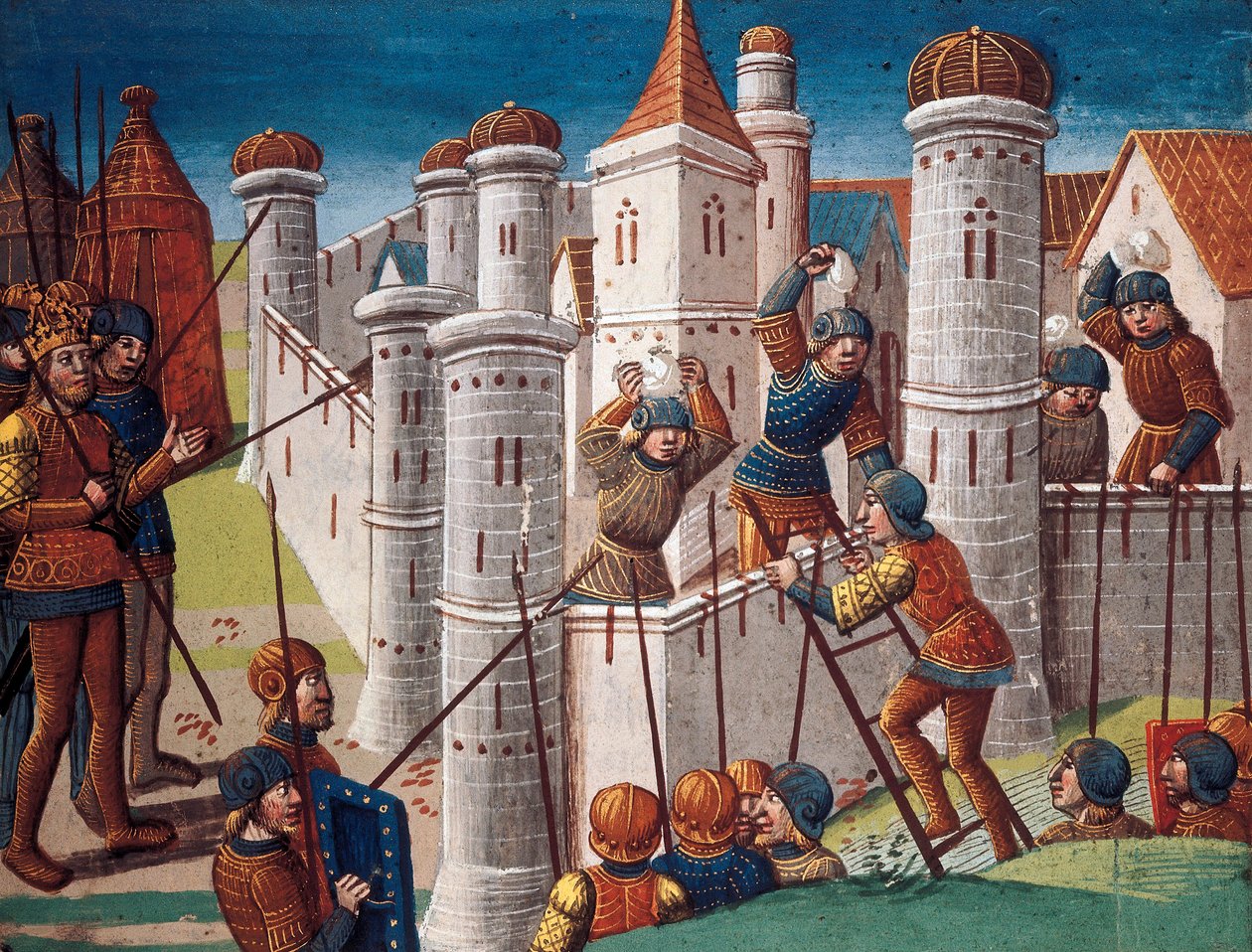 Beleiring av en by, miniatyr fra manuskriptet "Romanen til Ogier the Dane" av Antoine Verard