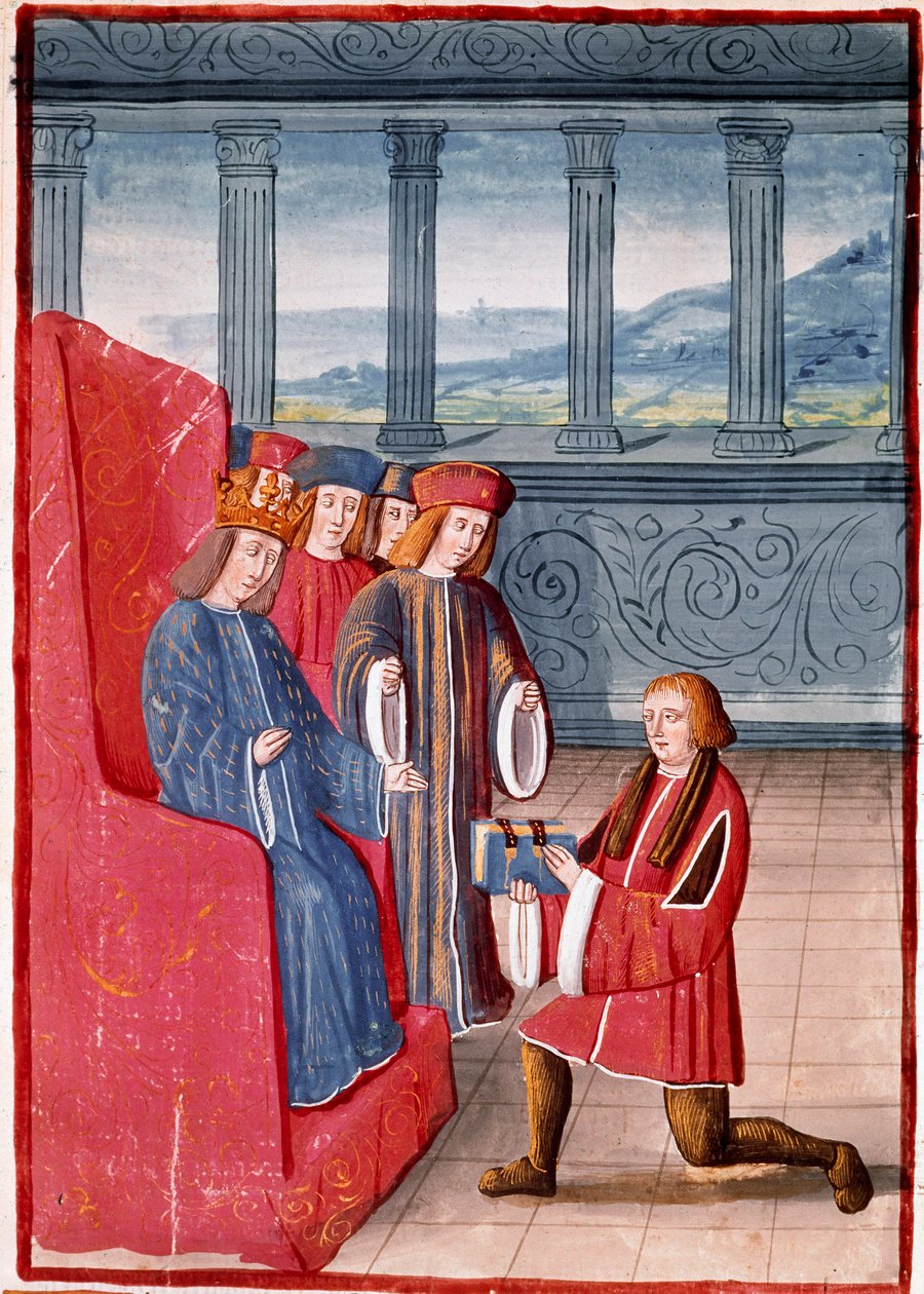 Forfatteren presenterer sin bok til kongen av Frankrike Charles VIII (1470-1498) Miniatyr fra "Chronicles de France"" illustrert av Antoine Verard (1450-1519) Biblioteca Nazionale, Torino av Antoine Verard
