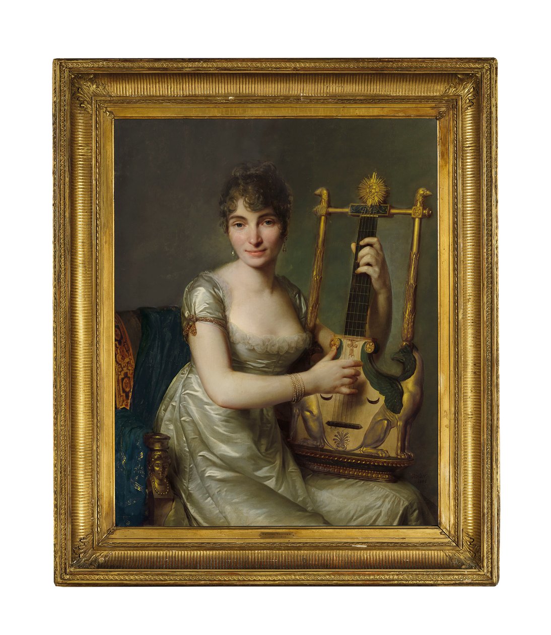 Portrett av Madame Larmoyer, trekvart lengde, med en lyre av Antoine Vestier