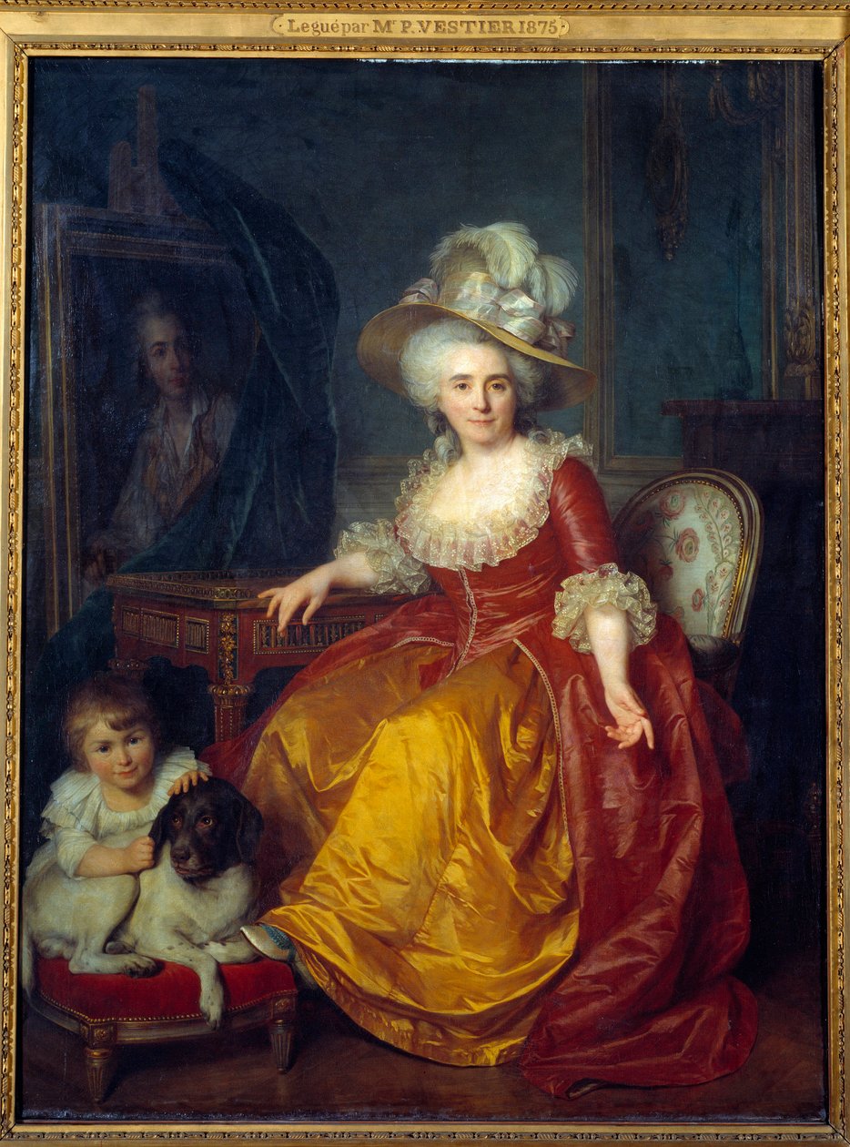 Portrett til fots av Madame Vestier (1740-1831) med et barn ved føttene som klyper øret til en hund Maleri av Antoine Vestier (1740-1824) 1787 Søn. 1,76x1,34 m av Antoine Vestier