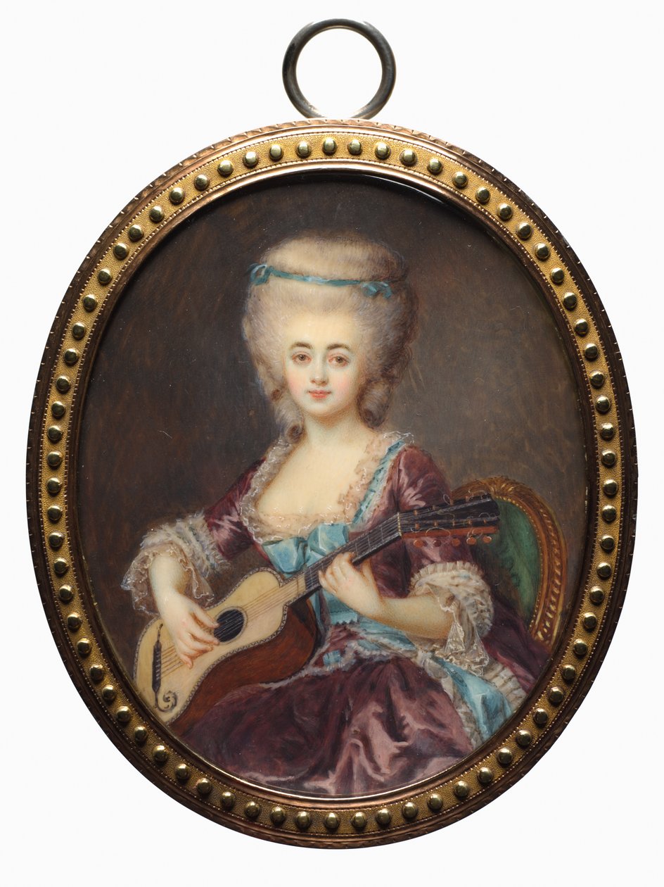 Portrett av en kvinne med en gitar, kalt Louise DAumont, Mazarin..., sent på 1700-tallet. av Antoine Vestier