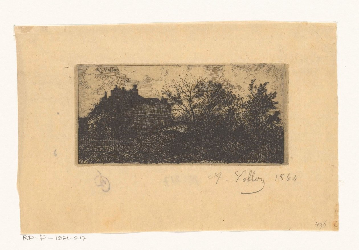 Landskap med hus bak gjerde og trær i forgrunnen av Antoine Vollon (signed by artist)