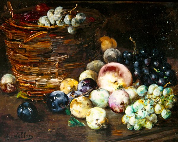 Stilleben av en kurv med frukt på et bord, ca. 1870 (olje på lerret) av Antoine Vollon