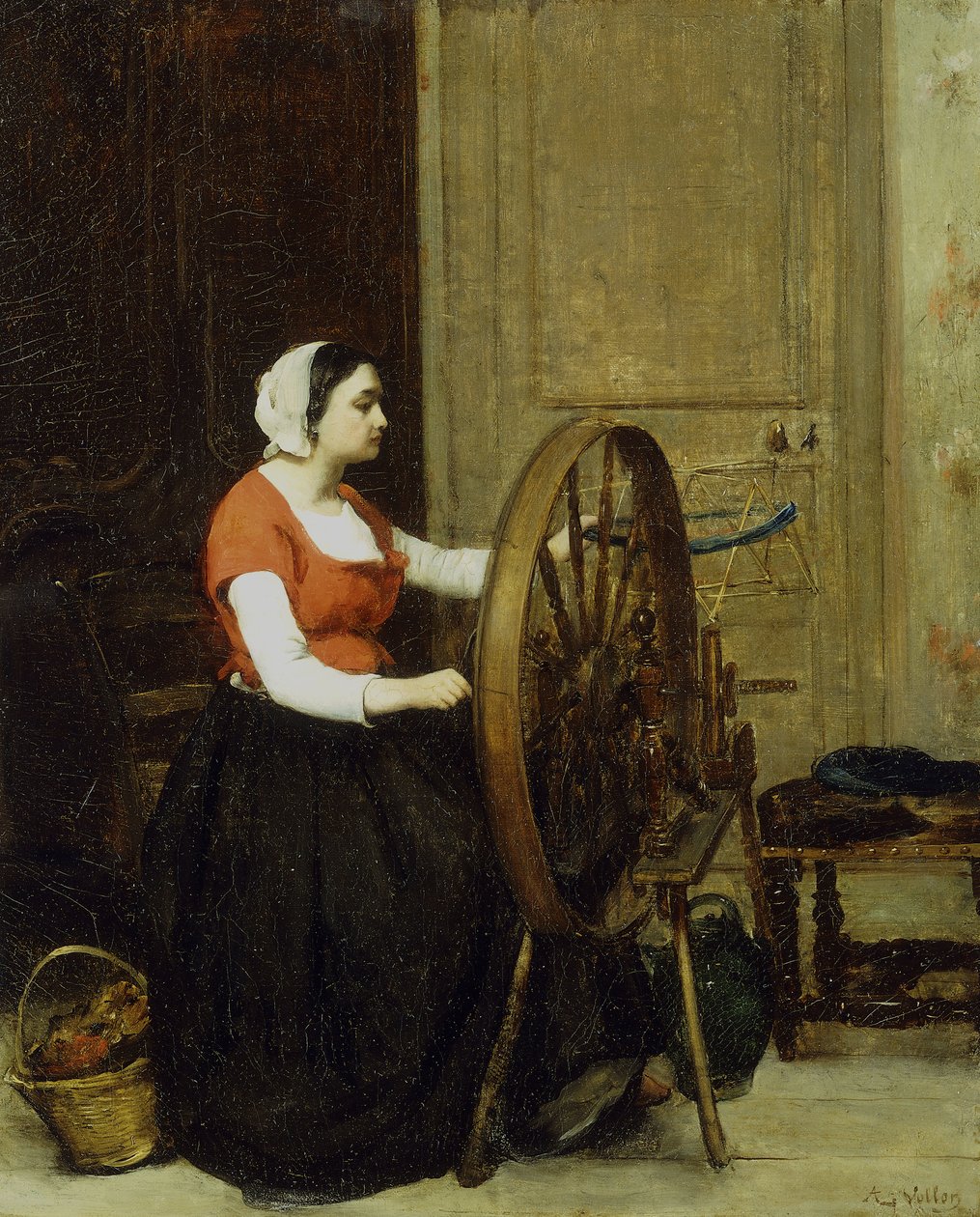 Kvinne og spinnehjul, ca. 1860? av Antoine Vollon