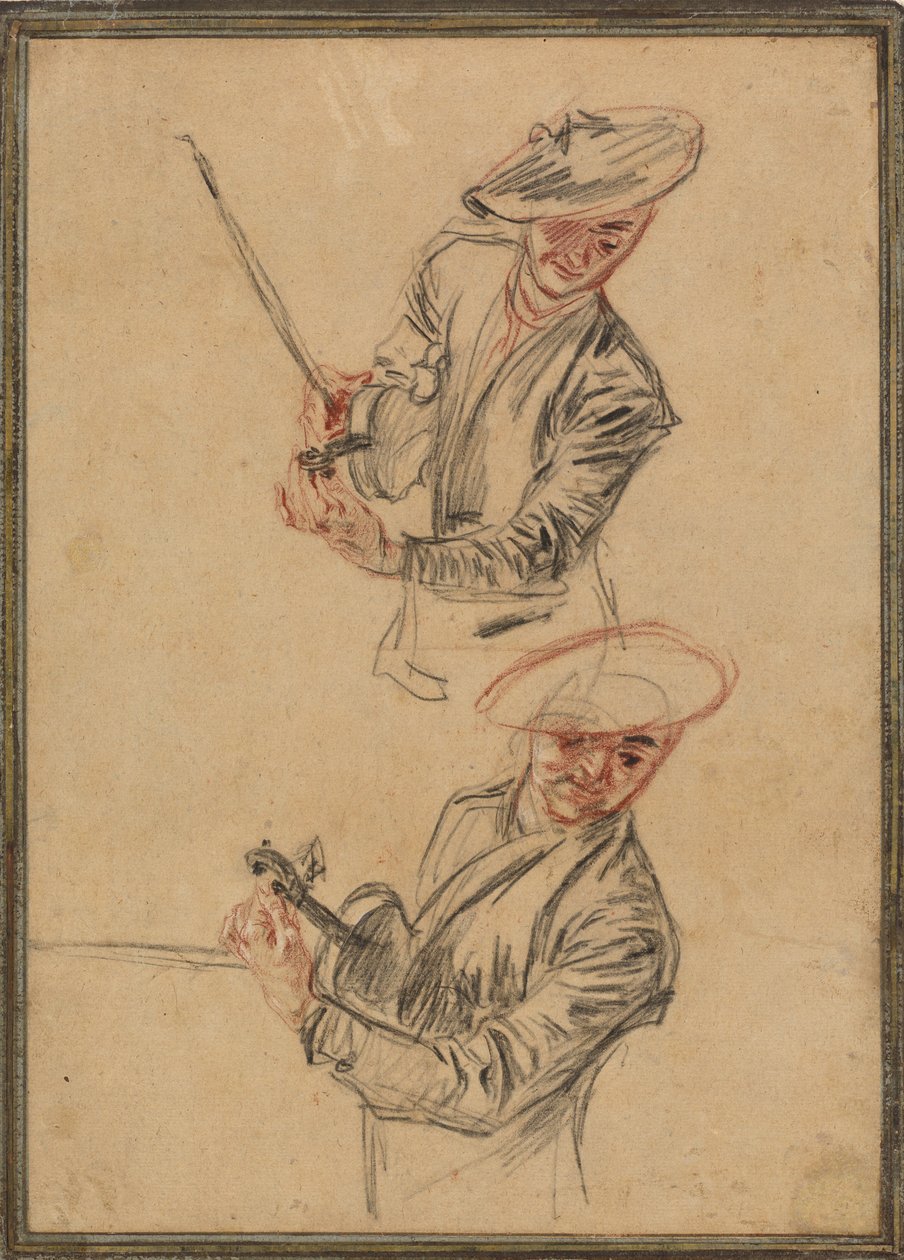 To studier av en fiolinist som stemmer instrumentet sitt av Antoine Watteau
