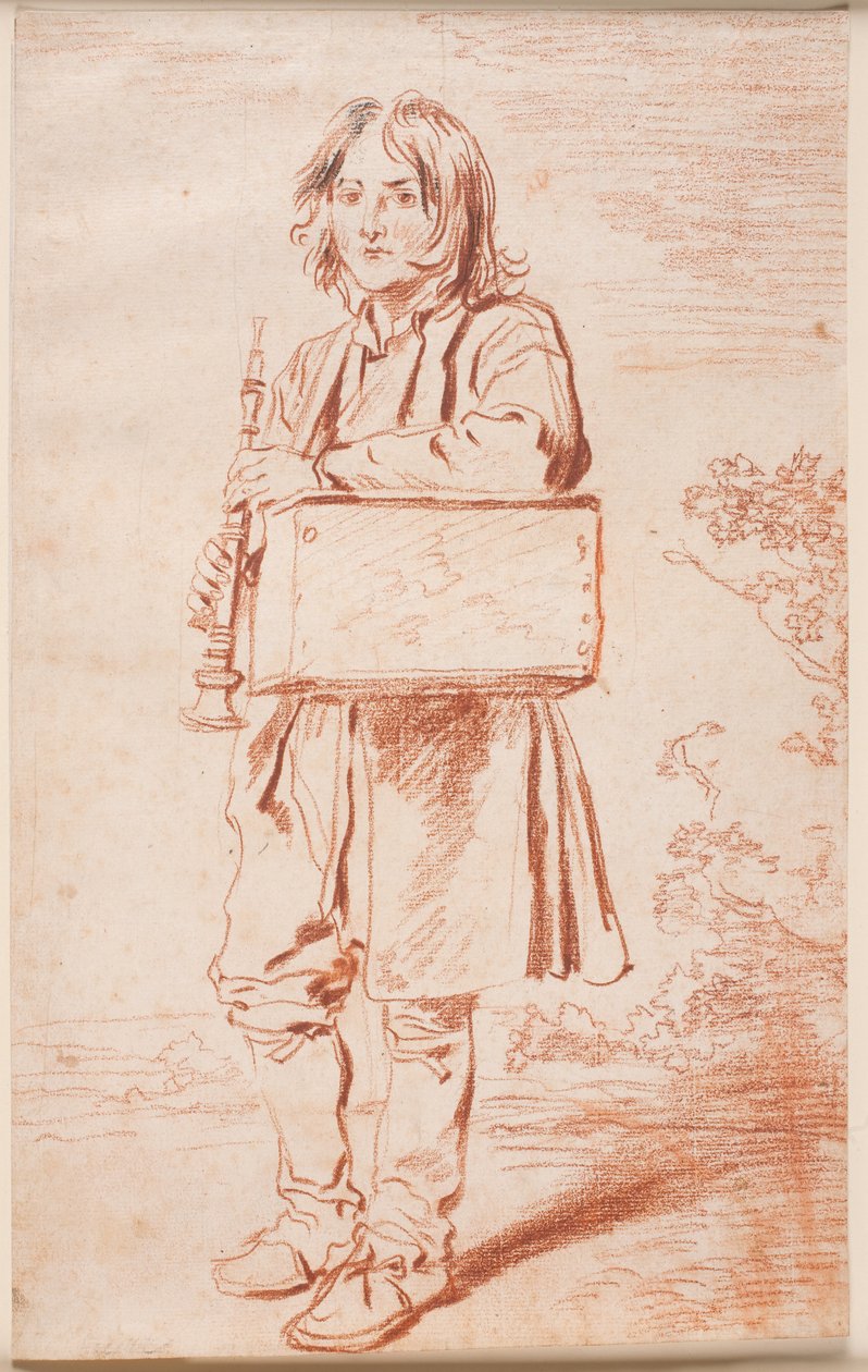 Unge Savoyard. Helfigur v.v., stående, over den ene skulderen henger en boks med murmeldyr, i hendene holder han fløyten av Antoine Watteau