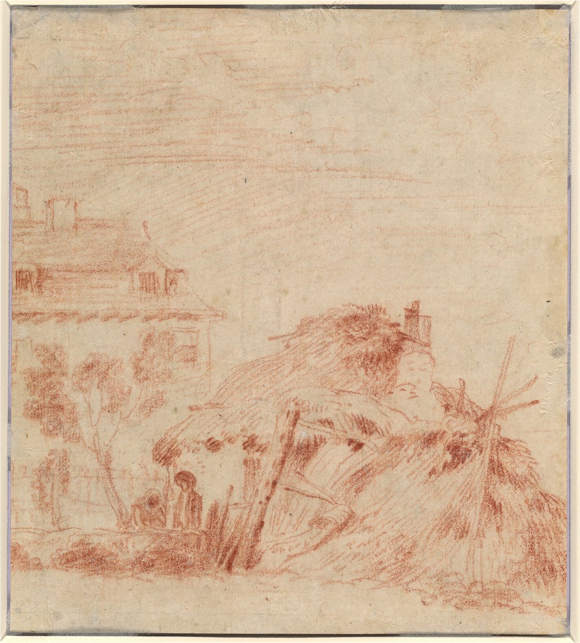 Utsikt over et hus, en hytte og to figurer [verso] av Antoine Watteau
