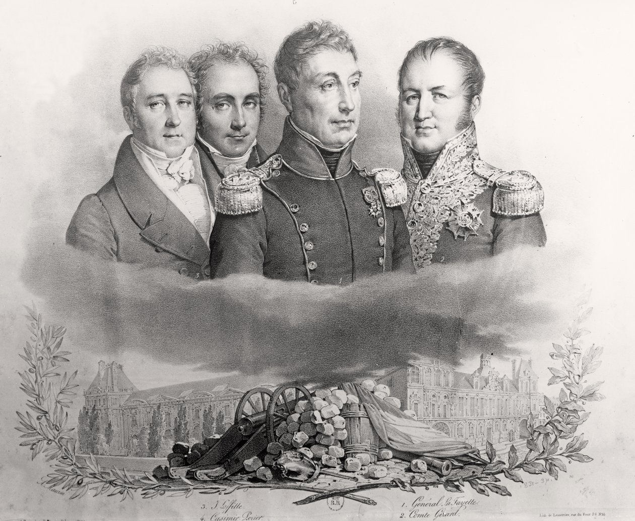Den provisoriske regjeringen av 29. juli 1830. L til R: Jacques Lafitte (1767-1844), Casimir Perier (1777-1832), general Lafayette (1757-1834) og Comte Etienne Maurice Gerard (1773-1852) 1831 ( av Antoine Maurin