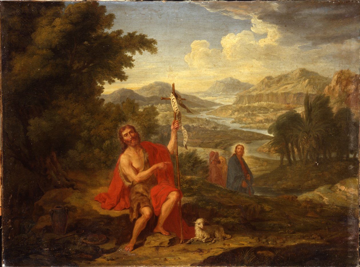Døperen Johannes i villmarken som indikerer Kristus, elven Jordan bortenfor, 1759 av Antoine de Favray