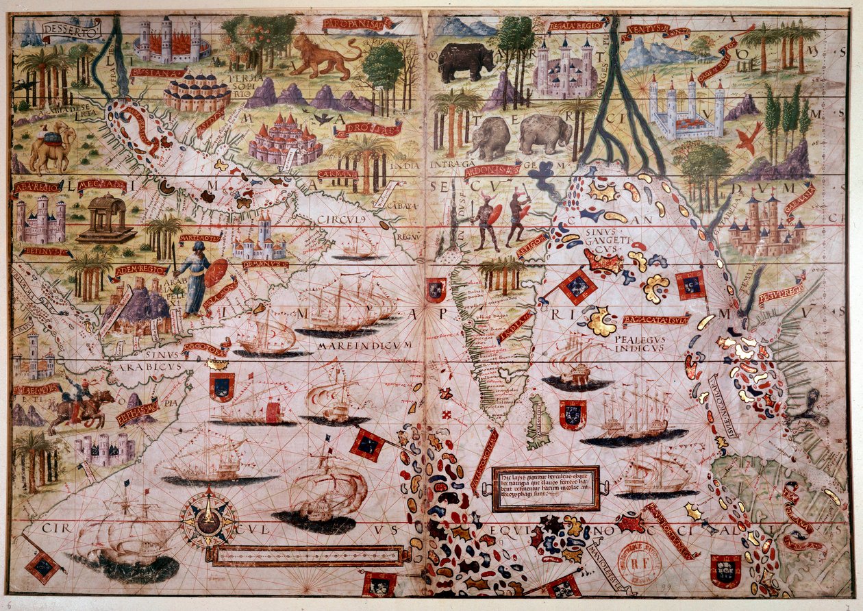 Indes portugisiske nautiske atlas. Side av Atlas Miller-manuskriptet laget i 1519 av Pierre og Georges Reinel, Lopo Homem (kartografer) og Antoine de Hollande (miniaturist). Det 16. århundre. Paris, B N. av Antoine de Hollande