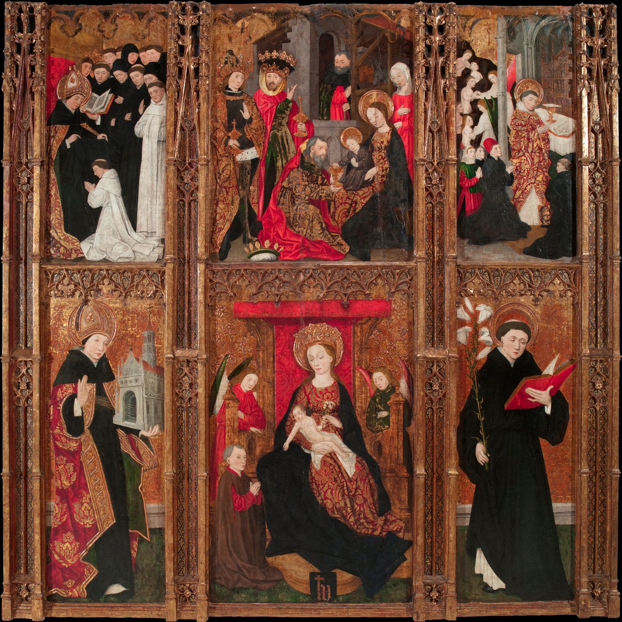 Retable de la vierge, saint Augustin et saint Nicolas de Tolentino - Jomfruens altertavle, Saint Augustine og Saint Nicholas of Tolentino - Antoine de Lonhy (1446-1490) Tempera og olje på tre 1462 Museu Nacional d'Art de Catalunya, Barcelona 205 ,5x20 av Antoine de Lonhy