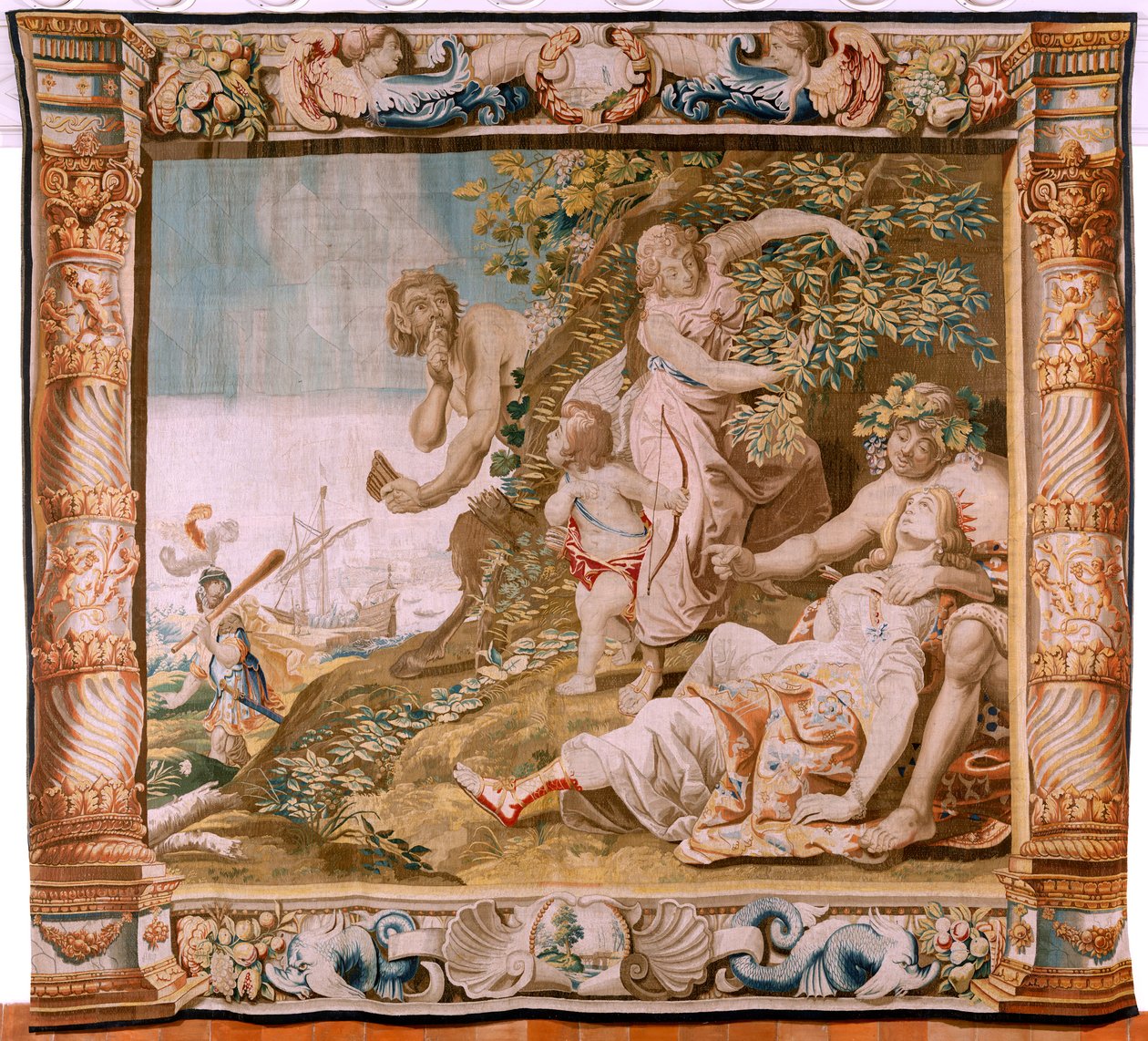 flamsk billedvev. Serien Story of Theseus. Theseus forlater Ariadne på øya Naxos (Teseo abandona a Ariadna en la Isla de Naxos). Åttende billedvev i serien. Modell Anthonis Sallaert. Produserer Jan Raes den yngre, Brussel. Ca 1630. Stoff S av Antoine or Anthonis Sallaert