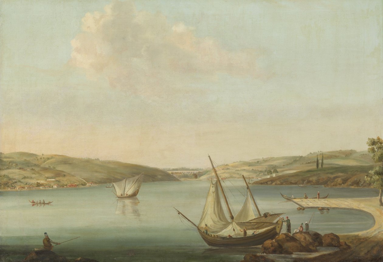 Utsikt over Bosporos, tatt fra høyden av Beykoz mot nordvest, med akvedukten til Justinian i bakgrunnen av Antoine van der Steen