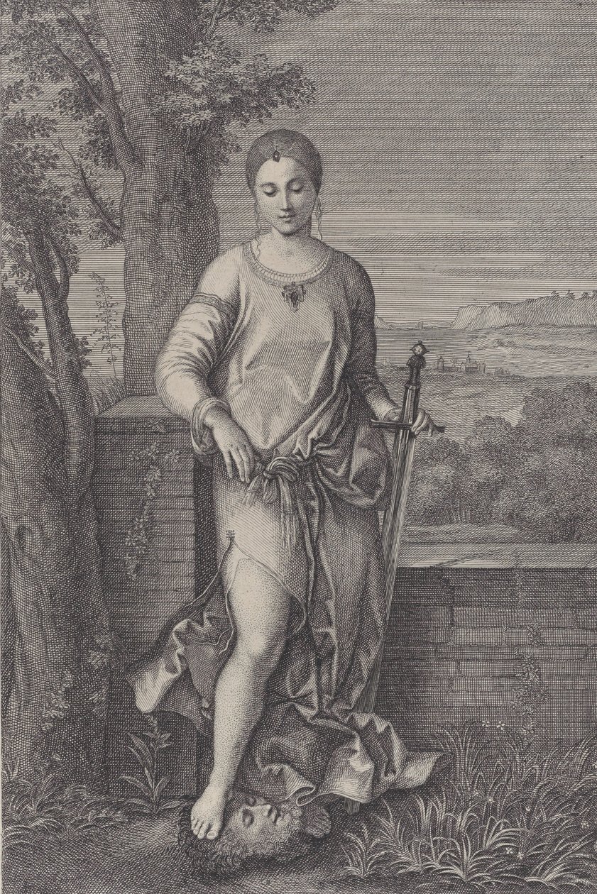 Judith står med foten på hodet til Holofernes, ca. 1729. av Antoinette Larcher