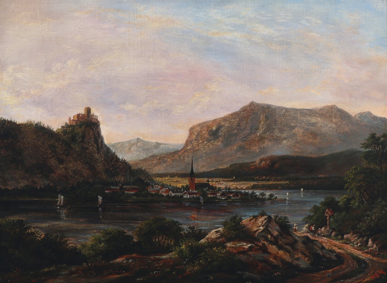 Riverscape med slott på toppen. av Anton Eduard Kieldrup