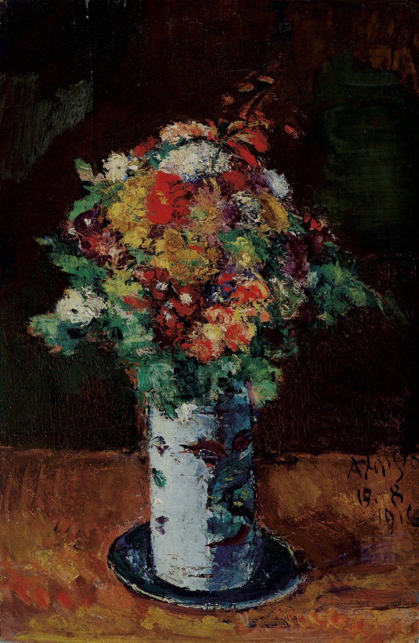 Bukett blomster i rullekanne på tallerken av Anton Faistauer