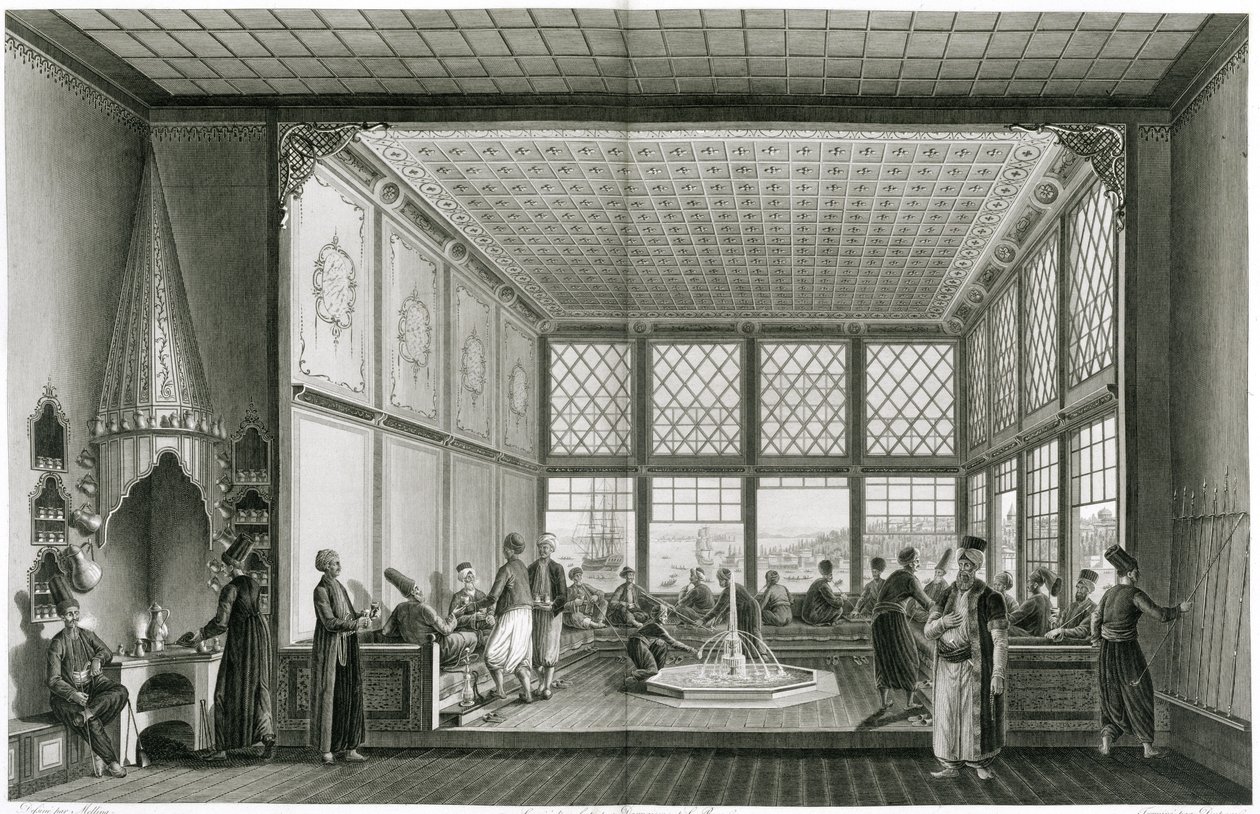 Interiør i en offentlig kafé i Konstantinopel ved Bosporos, 1819 av Anton Ignaz Melling