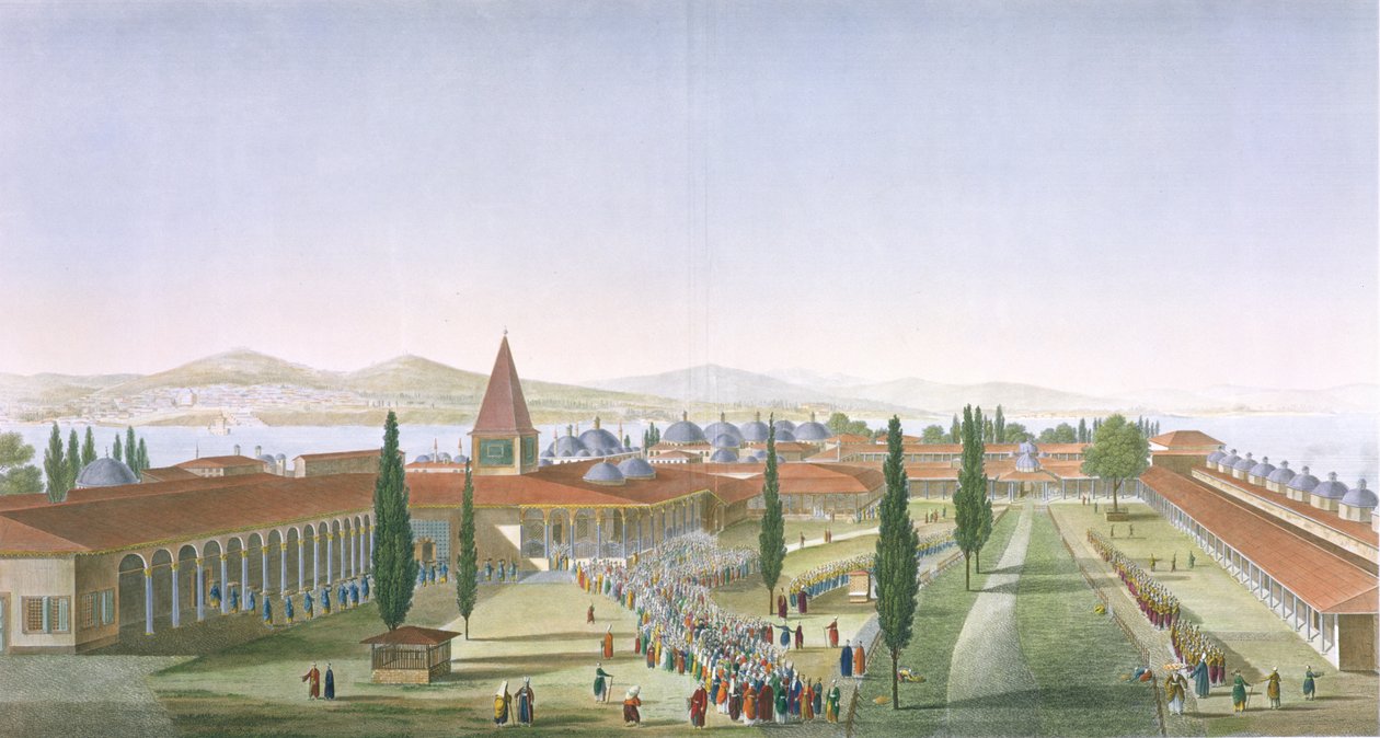 Utsikt over den indre gårdsplassen til Seraglio, Topkapi-palasset, Konstantinopel, gravert av Schroeder og Desmaisons, 1815 (akvatint) av Anton Ignaz Melling