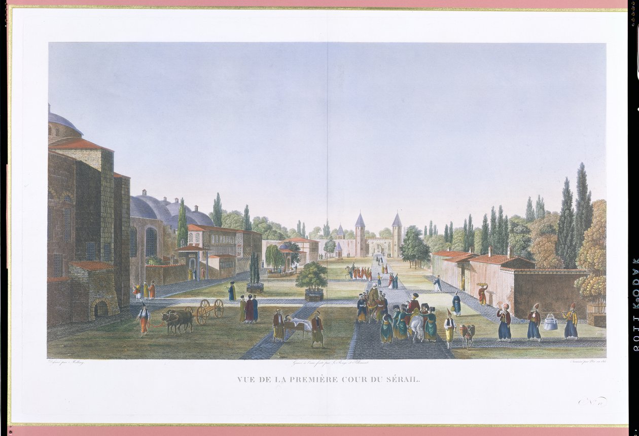 Utsikt over den ytre gårdsplassen til Seraglio, Topkapi-palasset, Konstantinopel, gravert av Jean Nicolas Le Rouge og Jean Baptiste Pillement, 1815 (akvatint) av Anton Ignaz Melling