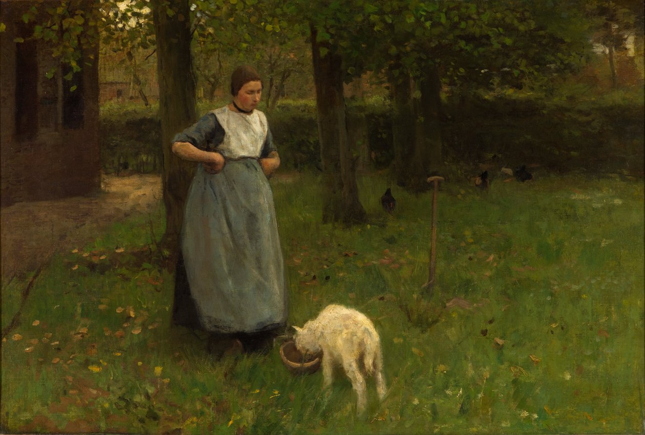 Kvinne fra Laren med lam av Anton Mauve