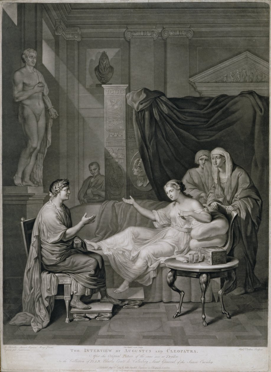 Intervjuet med Augustus og Cleopatra, gravert av Richard Earlom (1743-1822) publisert 1784 av Anton Raphael Mengs