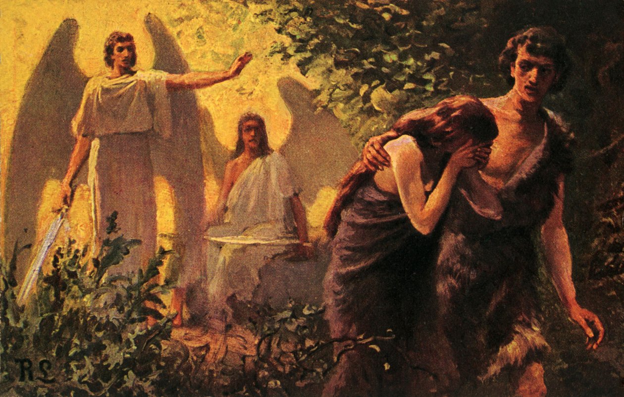 Adam og Eva kastet ut av Edens hage - Bibelen av Anton Robert Leinweber