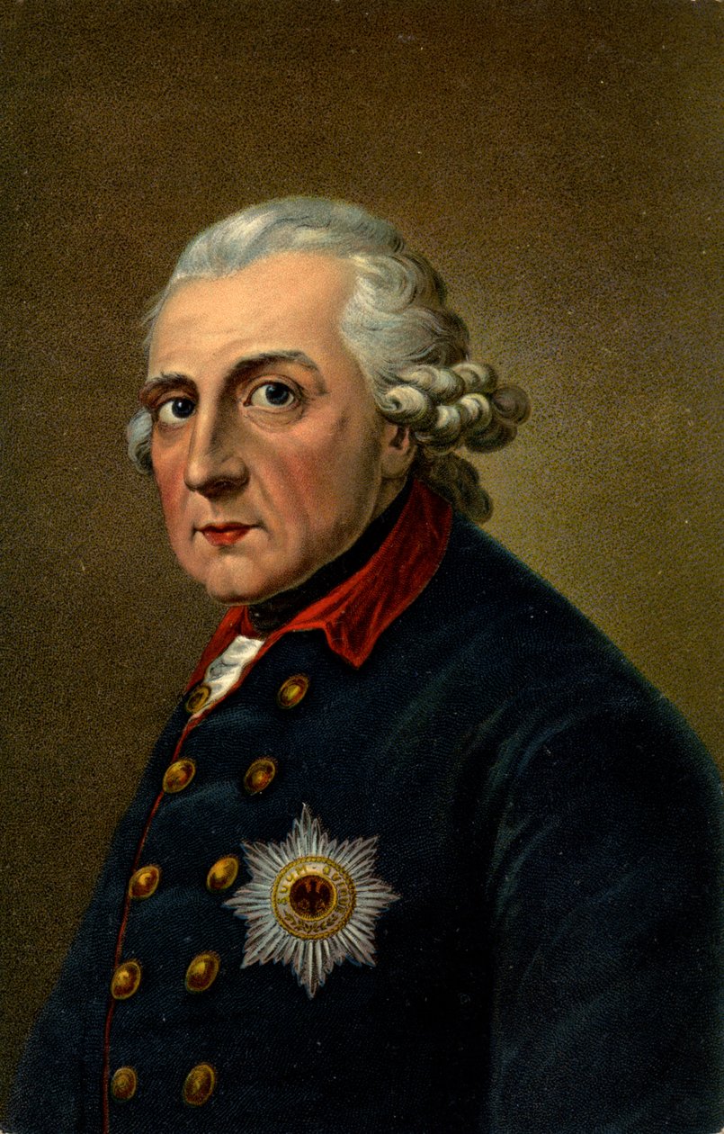 Historie. Tyskland. Fredrik II den store. Illustrasjon inspirert fra et portrett av Anton Graff (1780), Tyskland, ca. 1900 (postkort) av Anton (after) Graff