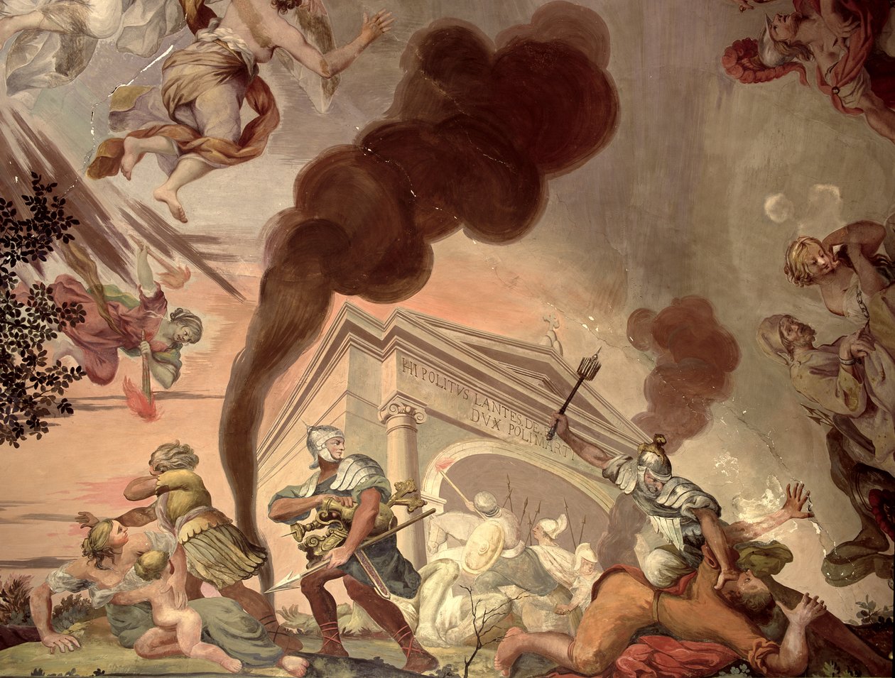 The Triumph of Peace Over War, detalj av soldater som plyndrer et tempel, fra taket i hovedsalen av Anton Agelo Bonifazi