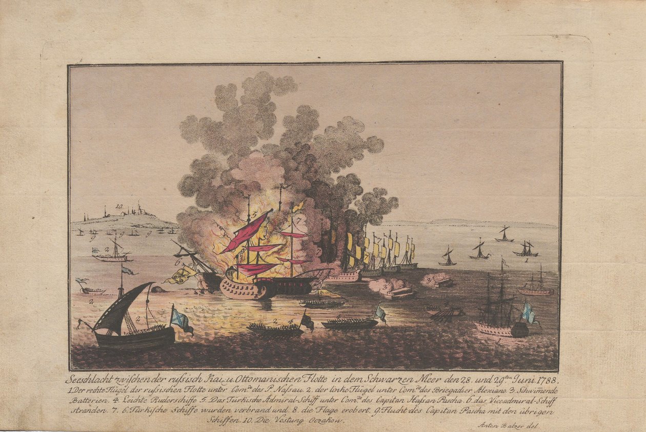 Sjøslag mellom den russiske og osmanske flåten i Svartehavet 28. og 29. juni 1788, 1788. av Anton Balzer